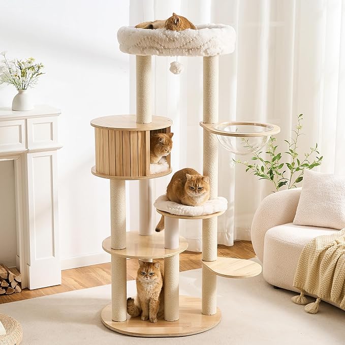 Solid Wood Cat Tree Tower with Scratching Post, 61 inch Multi-Level Cat Towers with Large Soft Cloud-Like Bed, Modern Cat Tower with Wood Spacious Condo with Removable Cushion for Indoor Cats