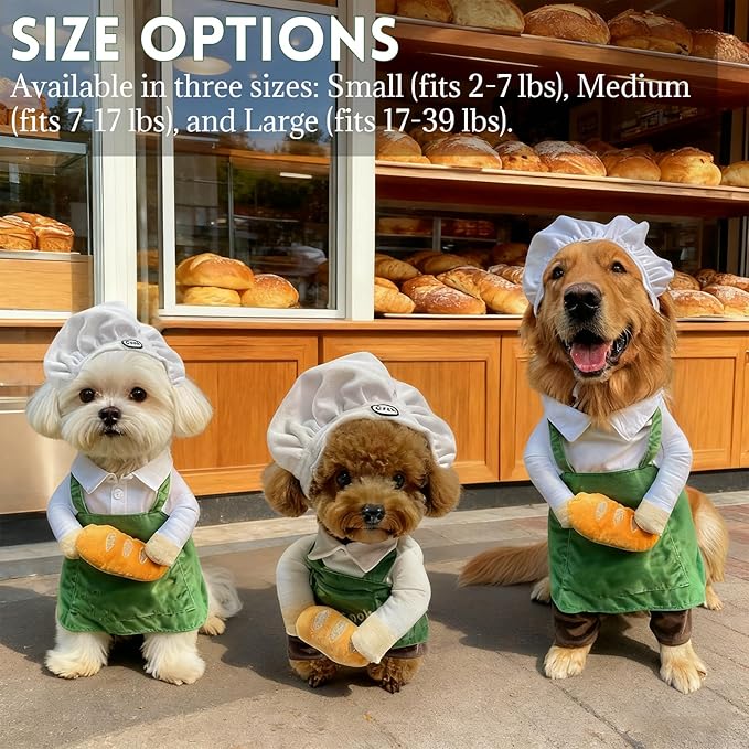 Cat Costume Dog Clothes Chef Hat Apron Outfit with Bread - Photoshoot Pet Outfit for Small to Large Dogs or Cats, for Christmas (Small)