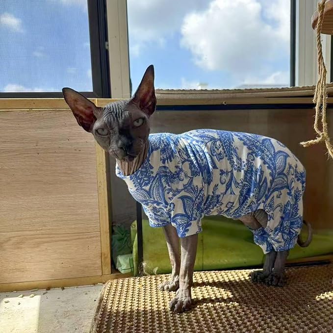Sphynx Cat Four Leg Cotton Pajamas Elastic Pet Clothes for Hairless Cats Surgery Recovery Suit Undershirt Thermal Clothes for Sphynx, Devon, Cornish (Blue Porcelain, XL)
