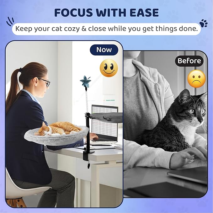 2-Tier Cat Desk Bed – Dual Hammock Desk Mounted Perch for 1–2 Cats, Space-Saving Shelf with Soft Plush & Breathable Mesh Pads, Adjustable Height, Feather Toy Included