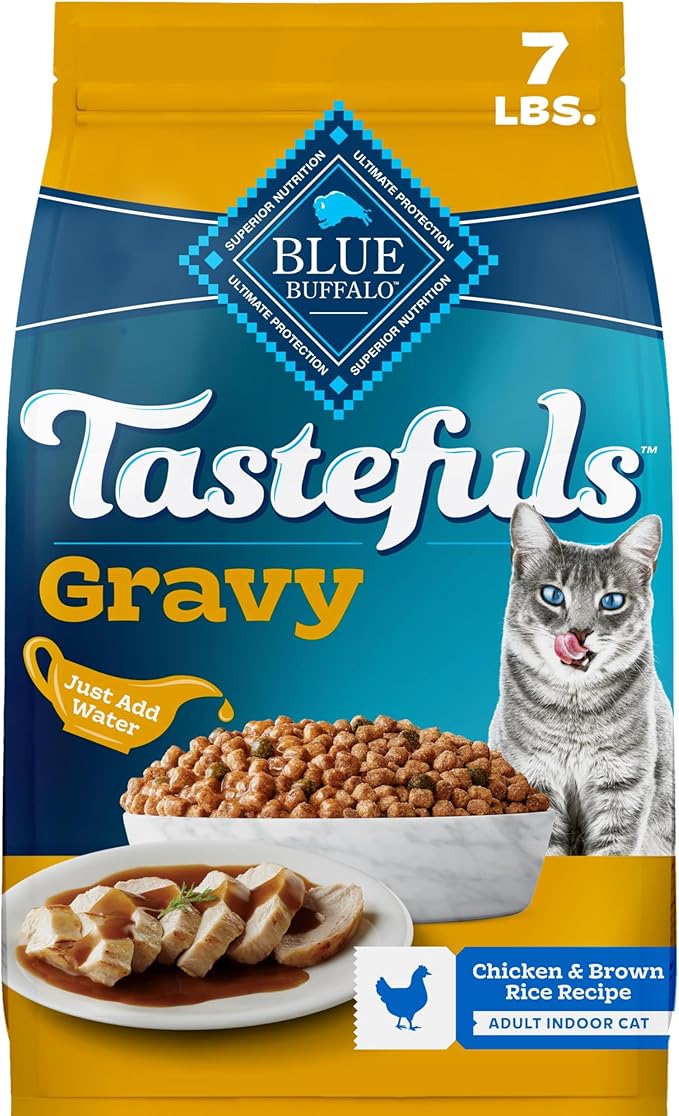 Blue Buffalo Tastefuls Irresistible Gravy Experience Chicken & Brown Rice Recipe Dry Indoor Cat Food for Adult Cats, Deliciously Healthy Natural Cat Food, Supports Digestion & Coat Health, 7 lbs.