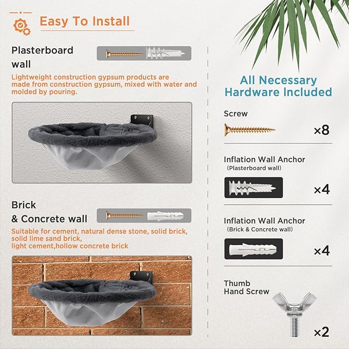 JUNSPOW Cat Hammock Wall Mounted, Foldable & Stable Cat Beds- Breathable Cats Wall Shelves for Sleeping, Playing, Climbing, and Lounging - Maximum Hold Up to 30lb（Gray,Faux Rabbit Fur）