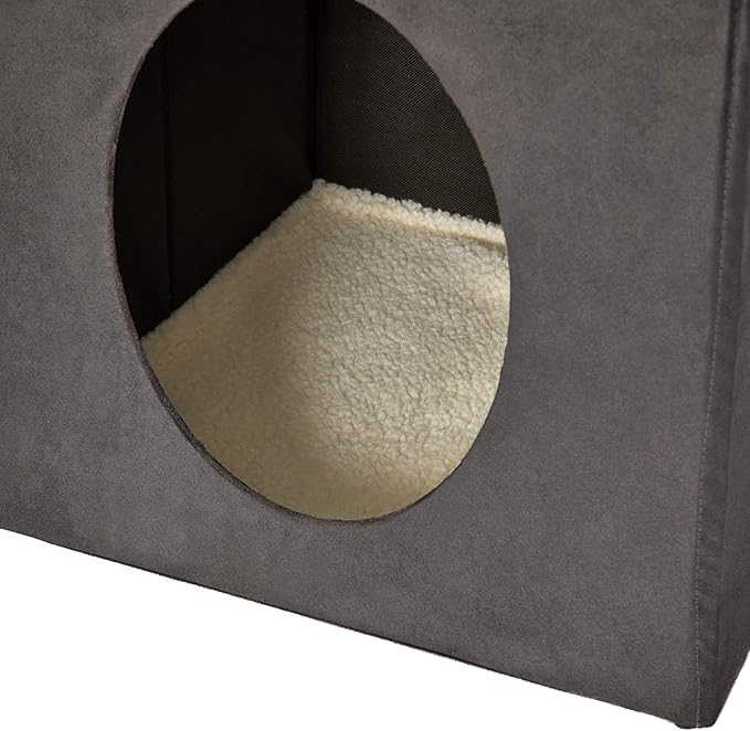 MidWest Homes for Pets Cat Cube, 15.5 x 15.5 x 16.6 Inches, Foldable Cat Hideout with Toy, Bolstered Bed Top, Faux Gray Suede, Synthetic Sheepskin Bedding