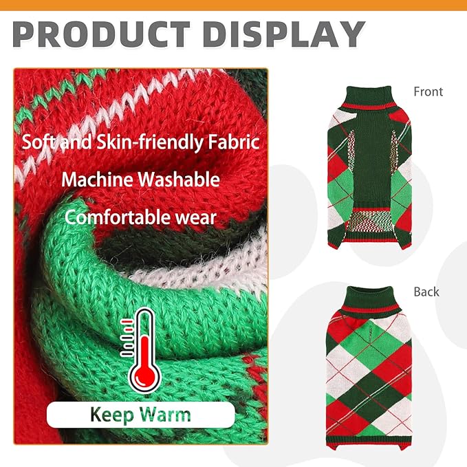 KOOLTAIL Dog Christmas Sweater Pet Knitted Clothes - Classic Plaid Pull Over Turtleneck Dog Sweaters with Leash Hole Warm Dogs Winter Clothing for Small Medium Dogs Cats Puppy Boy Girl Red & Green XS