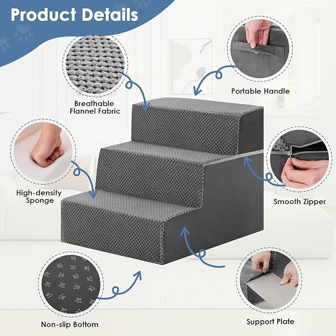 DUMOS Dog Stairs for Small and Medium Dogs, 3-Step Pet Steps with High-Density Foam, Indoor Non-Slip Pet Ramp for Puppy and Older Dogs Cats, Dog Bed Stairs for Couch and Sofa(Grey)