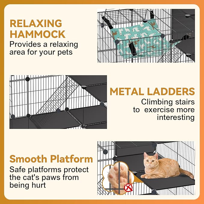 VISCOO Cat Cage, 3-Tier DIY Cat Enclosures Catio, Cat Playpen Indoor & Outdoor with Hammock, Detachable Metal Wire Kennel Cats Crate, 2x3x3 Exercise Place for 1-3 Cats/Kitten