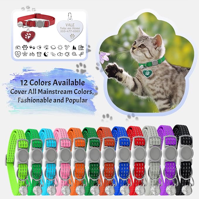 CAMAL Reflective Cat Collar with Name Tag, Personalized Cat Collar Breakaway with Bell, Customized Cat Collar Adjustable for Girls & Boys