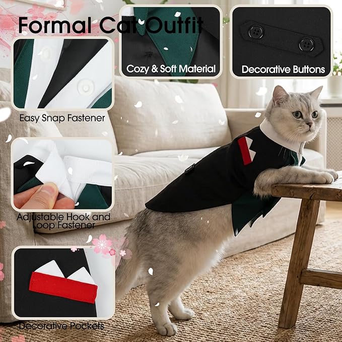 DENTRUN Cat Tuxedo Outfit Formal Suit with Shirt, Fancy Pet Tuxedo Vest for Hairless & Furry Cats, Kitten Wedding Attire Birthday Party Costume Clothes for Cats Only, XS-XXL