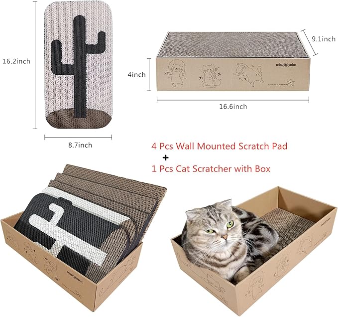 Miwoowim 4 Pcs Cat Scratcher Wall Mounted Scratch Pad +Cat Scratcher Box Door Cat Nail File Scratcher for wall Modern Cute Cardboard Vertical Cat Scratching Post, Furniture Protector