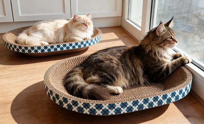 Cat Scratcher Bed with Toys, 4 Pack Oval Cat Scratcher Cardboard, Indoor Cat Scratch Bowl, Large Pad Cat Scratching Board with Catnip Fish Toy & Feather Wand for Furniture Protector
