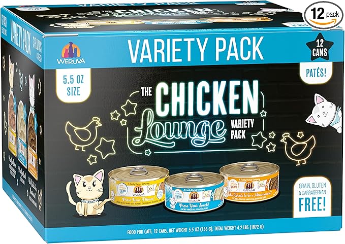 Weruva Wet Cat Food, The Chicken Lounge Paté Variety Pack, 5.5oz Can, Pack of 12