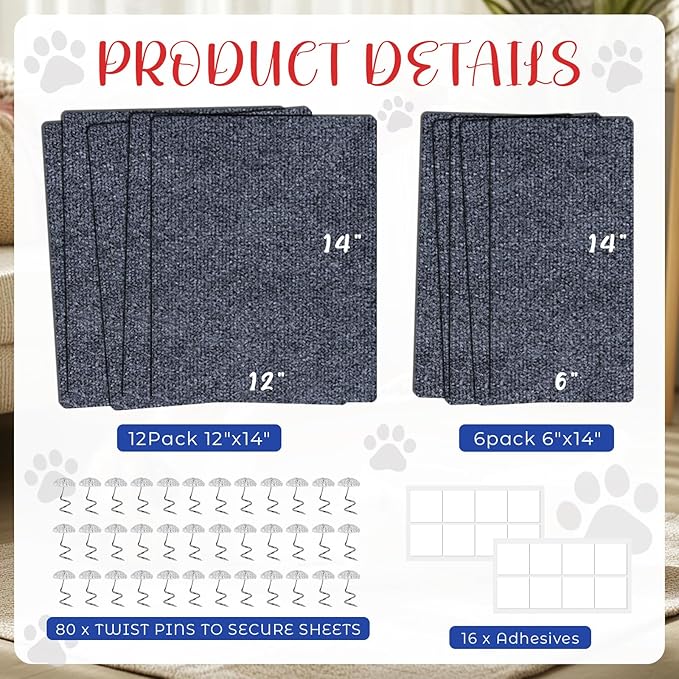 18 PCS Large Cat Scratch Furniture Protector, Couch Protector from Cat Claws, Scratch Mat for Pet Couch Furniture Covering, Cats Scratching Post Replacement Pads 14IN (Dark Gray)