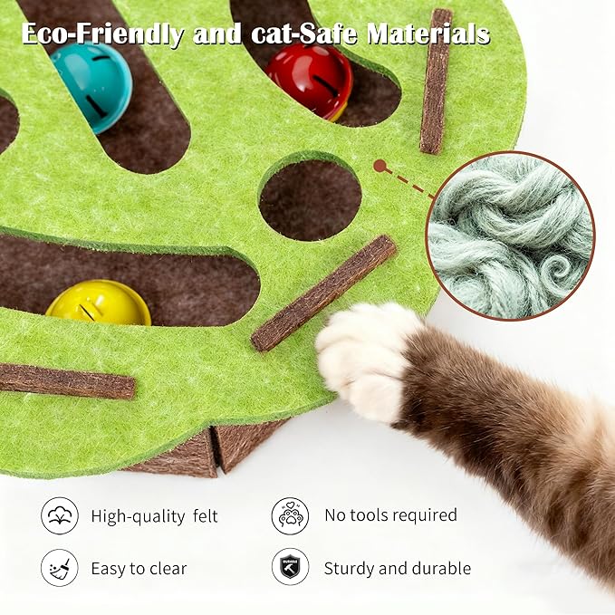Interactive Cat Puzzle Toy for Indoor Cats, Felt Cat Puzzle Feeder Box with 3 Metal Balls and Wand. Cat Scratch Puzzle Enrichment Box for Self-Play & Encourages Hunting Instincts.