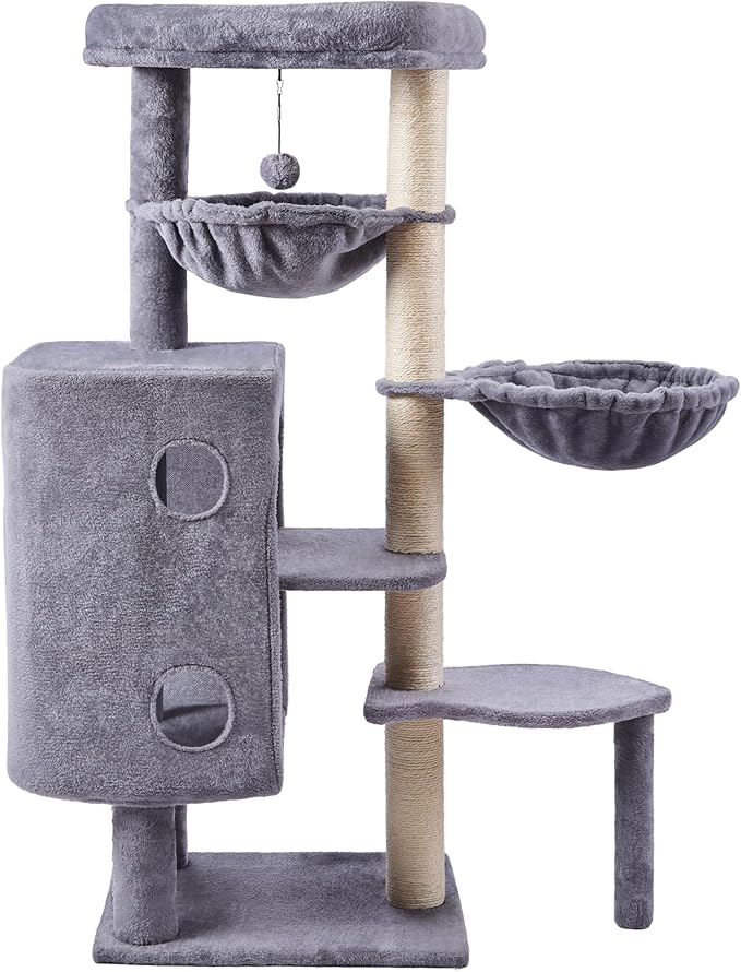 HUITREE 45in Cat Tree Tower with Big Condo for Indoor Cats,Cat Tower with Scratching Post,Scratching Board and Cat Toys,Multi-Level,Small Space,Transformer Cat Tree (Grey+)