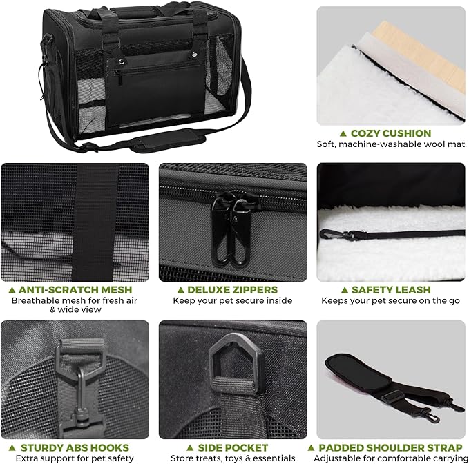 Soft-Sided Cat Carrier Expandable Pet Carrier Airline Approved Mesh Zipper with Lock Travel Carrier Up to 15lbs for Cats Dogs Collapsible Escape-Proof with Strap (18x11x11 Black-L)