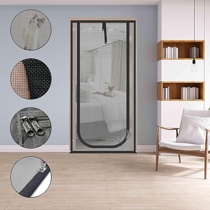 QWR Upgraded Pet Screen Door Fits Opening Door Up to 36"x84",Heavy Duty Cat Proof Mesh Screen Door with Zipper Closure,Prevent Cats Running Out from Home,Bedroom,Living Room,Kitchen(U-Type,Black)