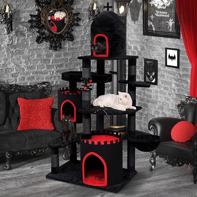 YARUOMY Gothic Castle Cat Tree, 68.9in Black Tall Cat Tower with Coffin Cat Bed, Spacious Cat Condo for Large Cats, Scratching Posts, Spider Hanging Ball,Basket,Cat Ball Track Toy