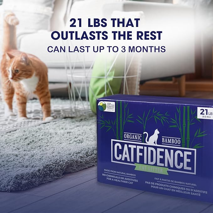 Catfidence Organic Bamboo Cat Litter, Unscented, Dust-Free & Fast-Drying, Long-Lasting Odor Control, Multi-Cat Friendly, 3 Pack (7 lb Each, 21 lb Total)