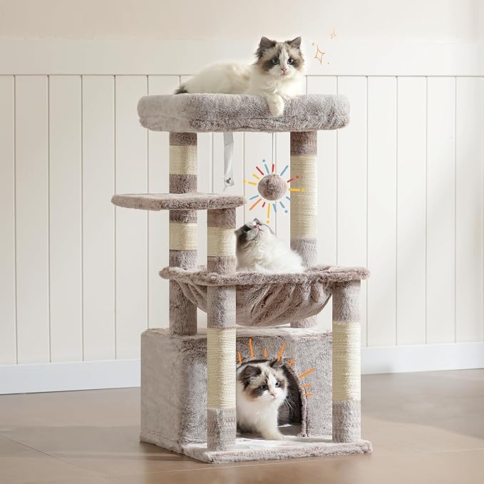 Heybly Cat Tree, Kitten Tower with Large Soft Cat Basket,Cat Condo with Spacious Cat Bed Cave with Hidden Space，Sisal-Covered Scratching Posts,Dangling Ball for Indoor Cats, Muchroom HCT008SMU