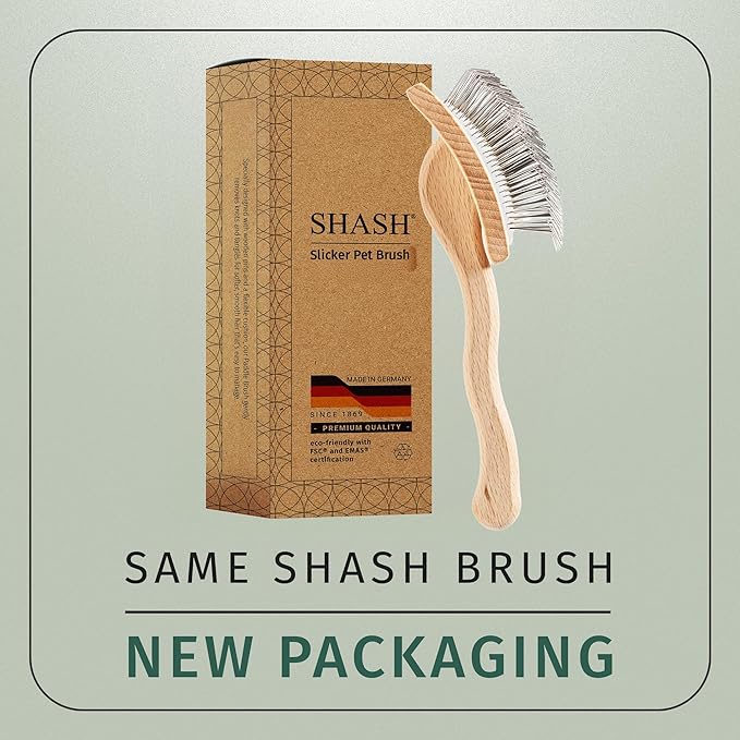 SHASH Since 1869 Hand Made in Germany Slicker Pet Brush with Curved Metal Pins and Rubber Cushion - Helps Detangle Knots, Eliminate Frizz, Reduce Pulling & Snagging