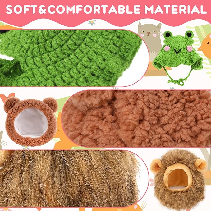 8 Pcs Cat Costume Hats, Cat Costume Halloween Bear Hat Outfit with Ears, Lion Pet Hat, Funny Pet Hats for Kitten and Small Dogs Puppy Party Christmas Easter Accessory Headwear