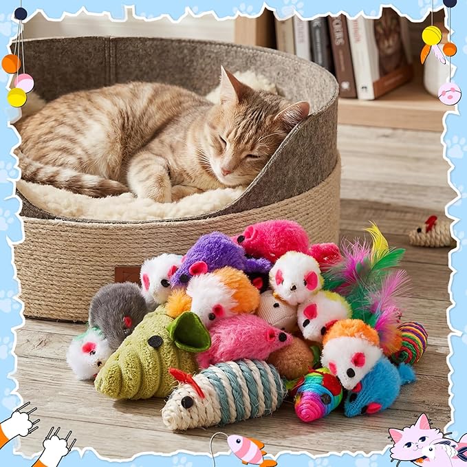 Leitee 51 Pcs Assorted Mice Cat Toys Bulk with Cat Paw Gift Storage Bags Set, Small Furry Mouse Kitten Toy for Indoor Cats, Interactive Play Color Varies (Mix Mice)