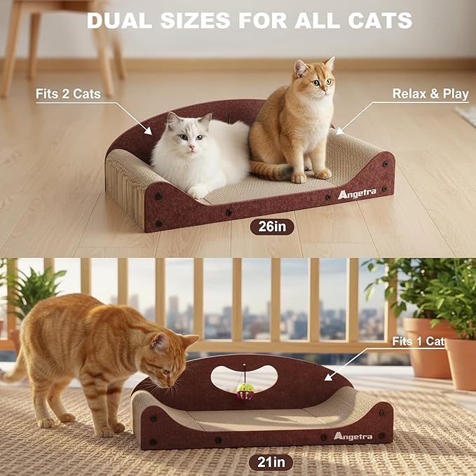26" Cat Scratcher Bed, Large Scratcher Couch for Indoor Cats, Cardboard Scratcher Sofa, Durable Scratch Pad with Ball & Catnip, Furniture Protector (Brown, Large)