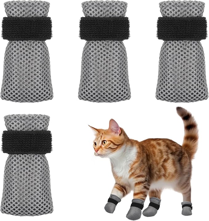 4 Pcs Cat Mittens to Prevent Scratching Adjustable Cat Claw Protectors Covers Mesh Breathable Cats Shoes Kitten Shoes Socks Booties Anti Scratch Kitten Foot Covers for Pet Bathing Cutting Nails