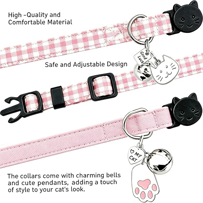 2 Pack Cotton Breakaway Cat Collars with Bell and Charms Pink Solid Plaid Safety Collars for Girl Boy Cats, Cat Head and Paw Pendant Cute Kitten Collars
