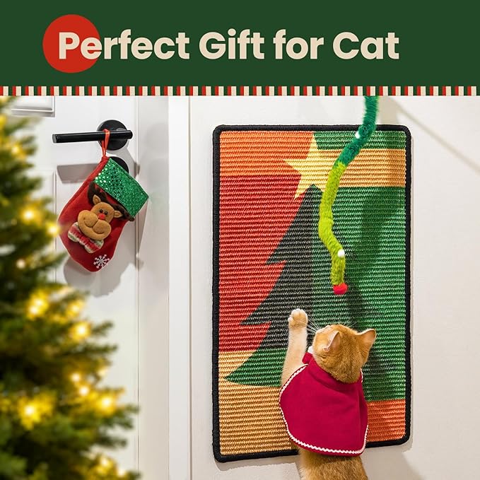 Conlun Cat Scratcher Mat,Sisal Cat Scratch Pad,Horizontal Floor Cat Scratching Pads Rug for Indoor Cats,Protector for Wall&Carpets&Sofas,Kitty Xmas-Gift, Includes Cat Toy (M, Christmas)