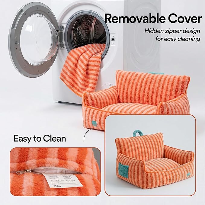 ZEZE Furniture-Style Sofa Pet Bed, Washable Plush Couch Bed with Bolstered Sides & Non-Slip Bottom for Dogs & Cats, Cozy Indoor Bed (Orange, Large)