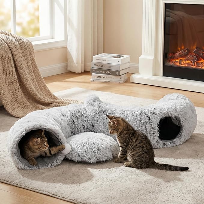3-in-1 Cat Tunnel Bed – Cat Tunnels & Cat Beds for Indoor Cats with Catnip Toys – Cat Bed Cave & Peekaboo Cat Hideaway – Foldable Interactive Cat, Kitty & Kitten Toys