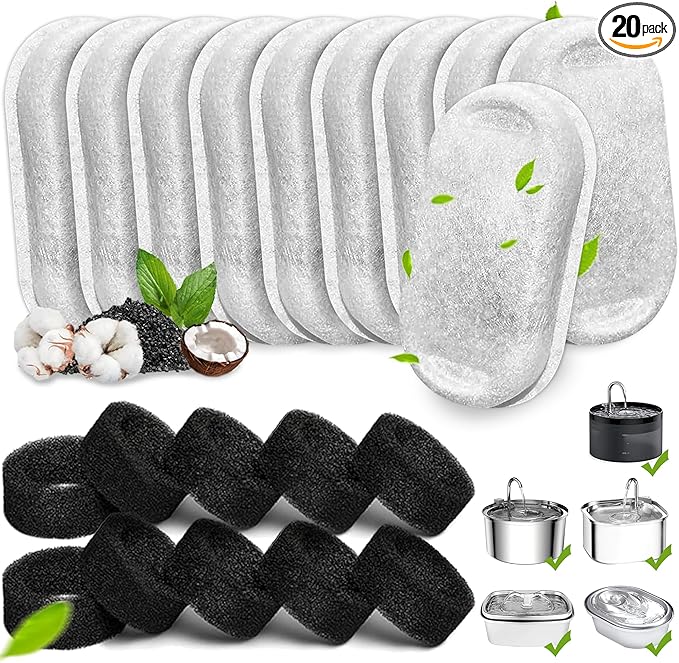 Cat Water Fountain Filters, 20Pack Cat Fountain Replacement Filters for Stainless Steel 108oz/3.2L& 67oz/2L adjustable Water Flow Pet Water Fountain,Dog Water Fountain Filters（10 Filters& 10 Sponges)