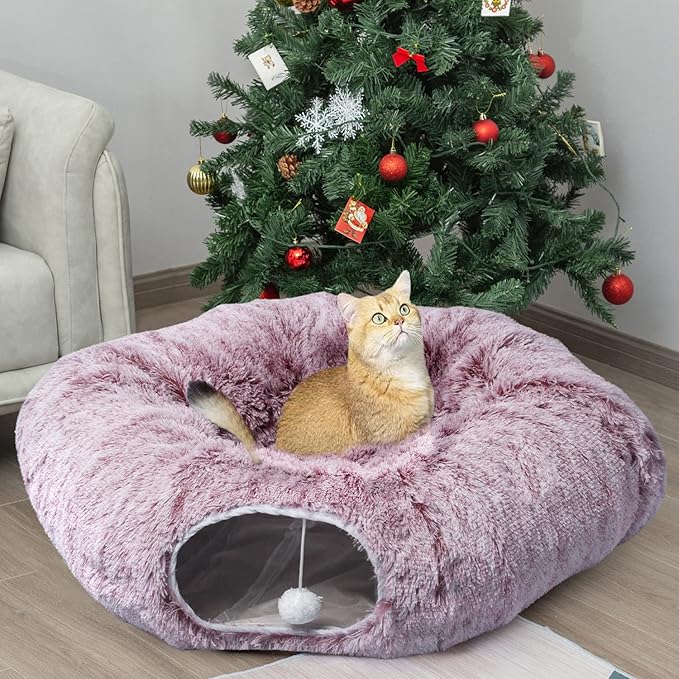 AUOON Cat Tunnel Bed for Indoor Cats - Large Cat Donut Tunnel with Hanging Ball Toy, Collapsible 2-in-1 Multifunctional Interactive Cat Toy for Kitten, Puppy, Rabbit, Ferret (Rosiness)