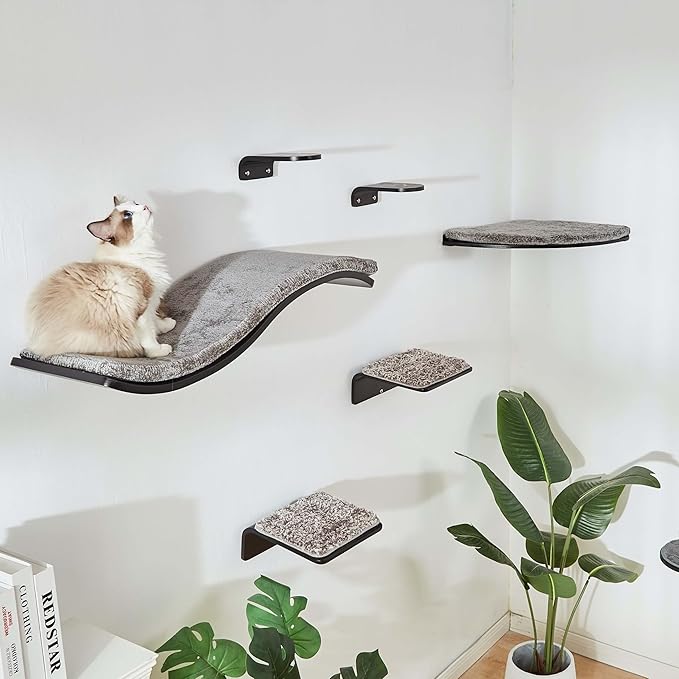 LIORCE Cat Shelf with Comfortable Cushion - Wave Modern Cat Bed - Minimalistic Floating Wall Perch - Wooden Wall Mounted Cats Furniture for Sleeping, Playing, Climbing, and Lounging, Walnut