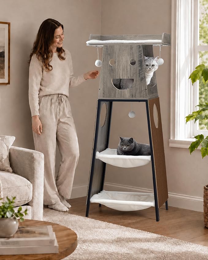 Modern Wood Cat Tree for Indoor Cats, 56 Inch Tall Cat Tower with Hammock, Multi-Level Trees with Perch Bed, 2 Hammock, Cat Condo, Scratching Board, Removable Pads, Cat Furniture, Greige