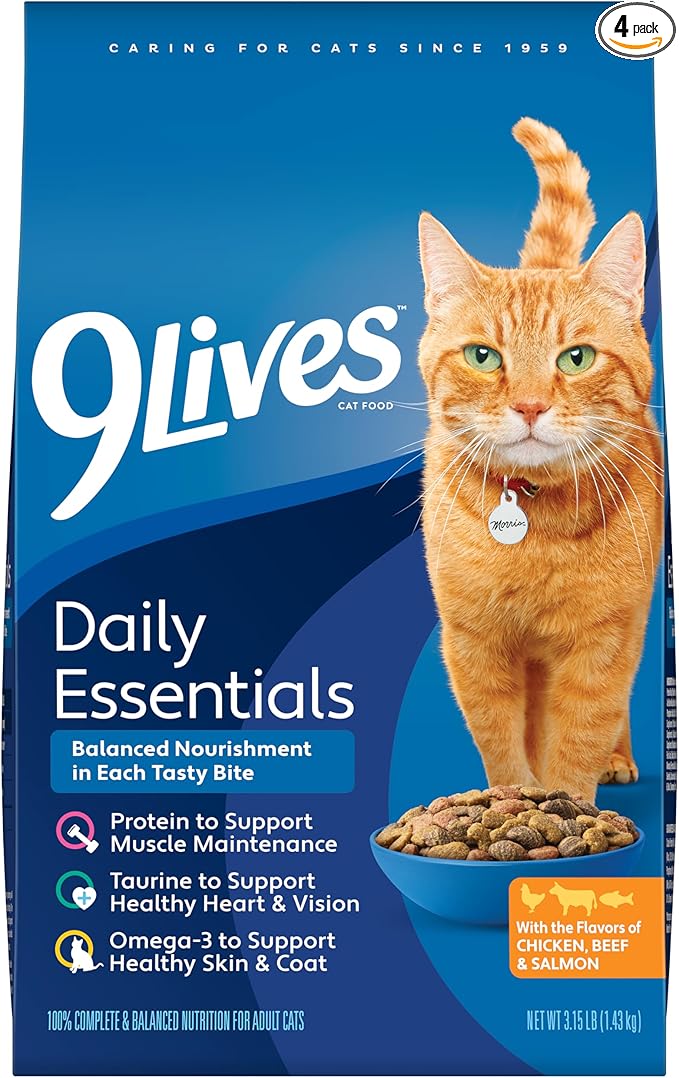 9Lives Daily Essentials Dry Cat Food for Adult Cats with Chicken, Beef & Salmon Flavors, 3.15 lb. Bag (Pack of 4)