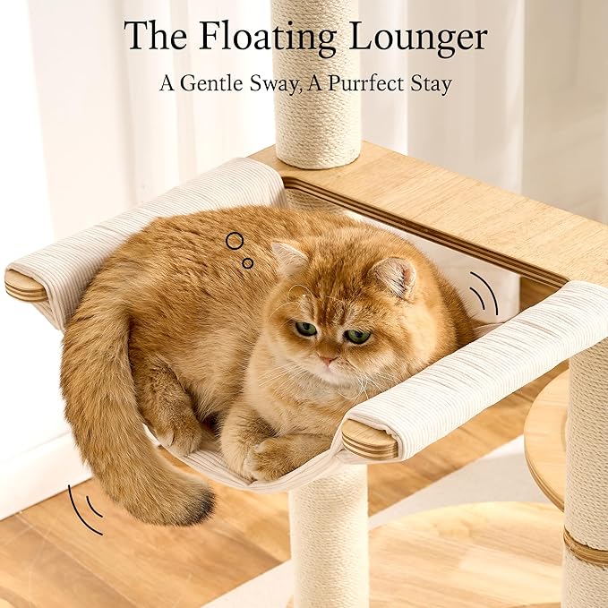 797Audio Modern Wood Cat Tree Tower, 49" Cat Tree with Sisal Scratching Posts, Capsule, Hammock and Scratch Pad for Indoor Cats, Solid Rubber Wooden Cat Tree, Multi-Level Tree for Large Adult Cat