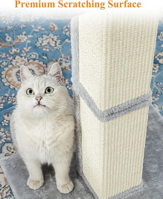 Karolpar 32" Cat Scratching Post for Indoor Cats, Sisal Cat Scratcher with Plush Perch, Large Scratch Post with Bed, Removable Cover, Sisal Fabric,Light Grey