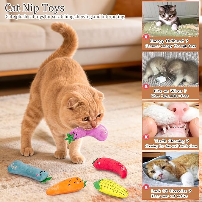 ETEKYER Catnip Cat Toys, 5 Pack, Plush Catnip Toys for Indoor Cats Kitty, Interactive Cat Nip Kitten Kicker Chew Safe Teeth Cleaning Toys, Fun Carrot Vegetable Shape