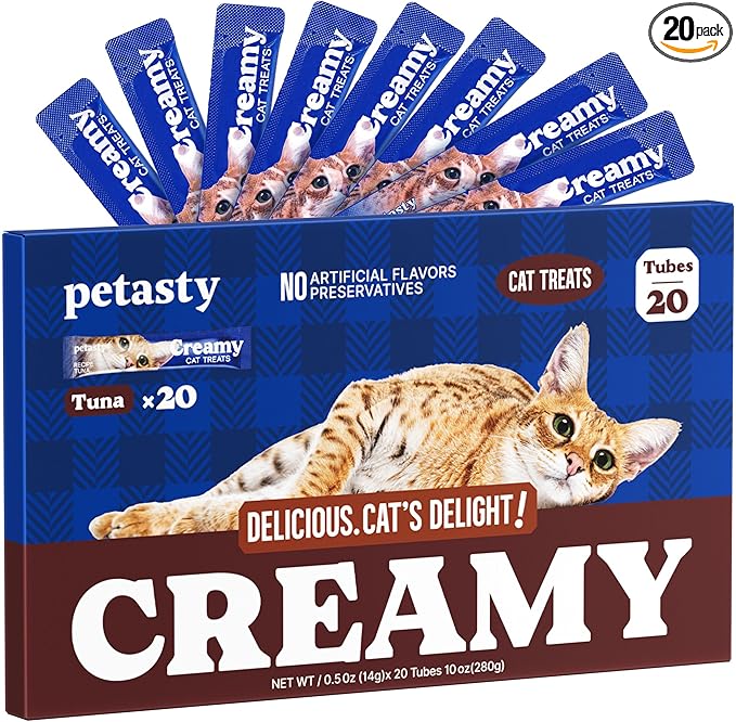 Lickable Cat Treats, High Moisture Hydrating Creamy Puree Squeeze Tubes, Tuna Flavor, 20 Tubes 0.5oz, Grain-Free, Omega Oils & Vitamin E, Skin & Coat Health, Digestive and Immune Support