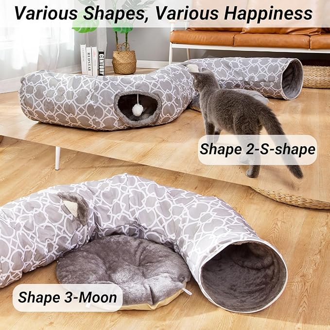 Geometric Cat Tunnel Bed Under Christmas Tree Oxford Outside with Plush Inside,Cats Toys Collapsible Tunnel Tube with Balls, for Rabbits, Kittens, Ferrets,Puppy 3FT