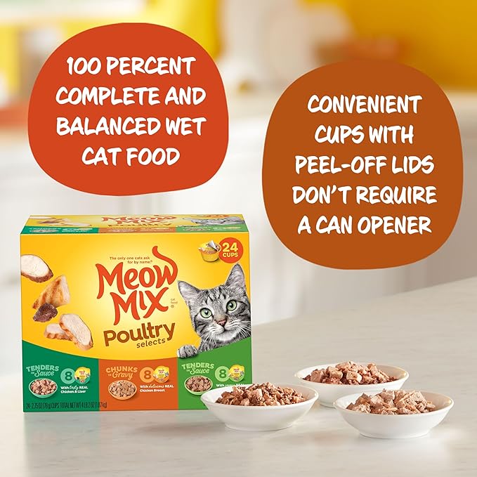 Meow Mix Poultry Selections Variety Pack, Wet Cat Food, 2.75 oz Cup (24 Pack)