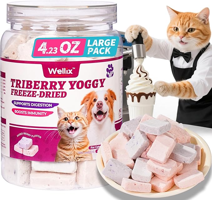 Wellix 4.23oz Natural Freeze-Dried Snacks for Dog & Cat - Triberry Yoggy Cat Yogurt Treats with Chicken Flavor & Real Fruits - Support Digestive & Immune Health Cats Food Toppers