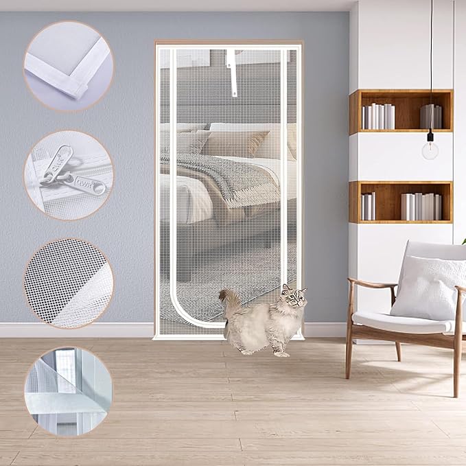 Reinforced Cat Screen Door,Fits Door Opening Size 32''x 80'',Thickened Cat Resistant Mesh Screen Door for Living Room,Kitchen,Bedroom,Cat Proof Screen with Zipper Closure. (U-Type,White)
