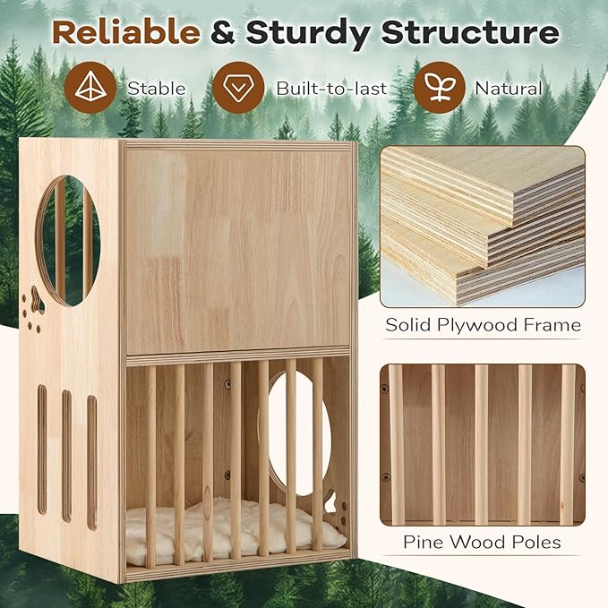 PETSITE 2-Storey Wood Cat House for Indoor Cats, Natural Wooden Double Decker Cat Condo with Removable and Washable Soft Cushions, Air Vents, and Side Entries, Modern Pet Furniture Side Table