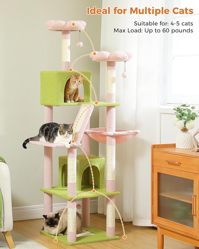 MUTTROS Flower Cat Tree, 70.9" Tall Tree for Indoor Cats, Large Tree for Large Cats, Multi-Level Tower with 6 Scratching Posts, 2 Condos, 2 Perches, Hammock, Pompoms, Pink