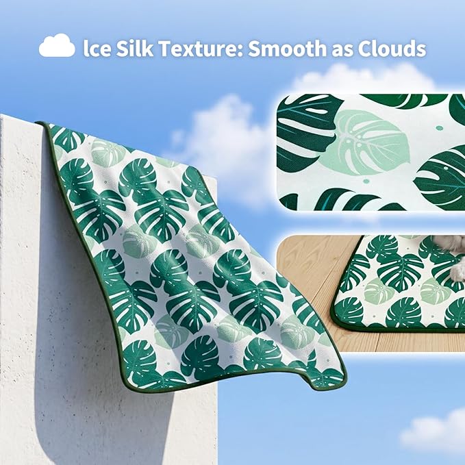 NWK Pack of 4 Pet Cooling Mat -Q-Max>0.345 Ice Silk Cooling Mat for Dogs & Cats Portable & Washable Pet Cooling Blanket, Car Seats, Beds for Summer (4pcs, Green Leaf, 20'' X 16'' X 0.3'')
