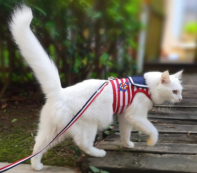 Cat Harness and Leash for Walking Escape Proof, Adjustable Cat Vest Harness, Padded Stylish Cat Walking Jackets, Sailor Suit Red, Small