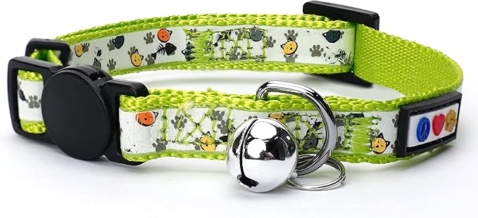 Pawtitas Glow in the Dark Cat Collar with Breakaway Safety Buckle & Bell Adjustable Kitten Collar, Green